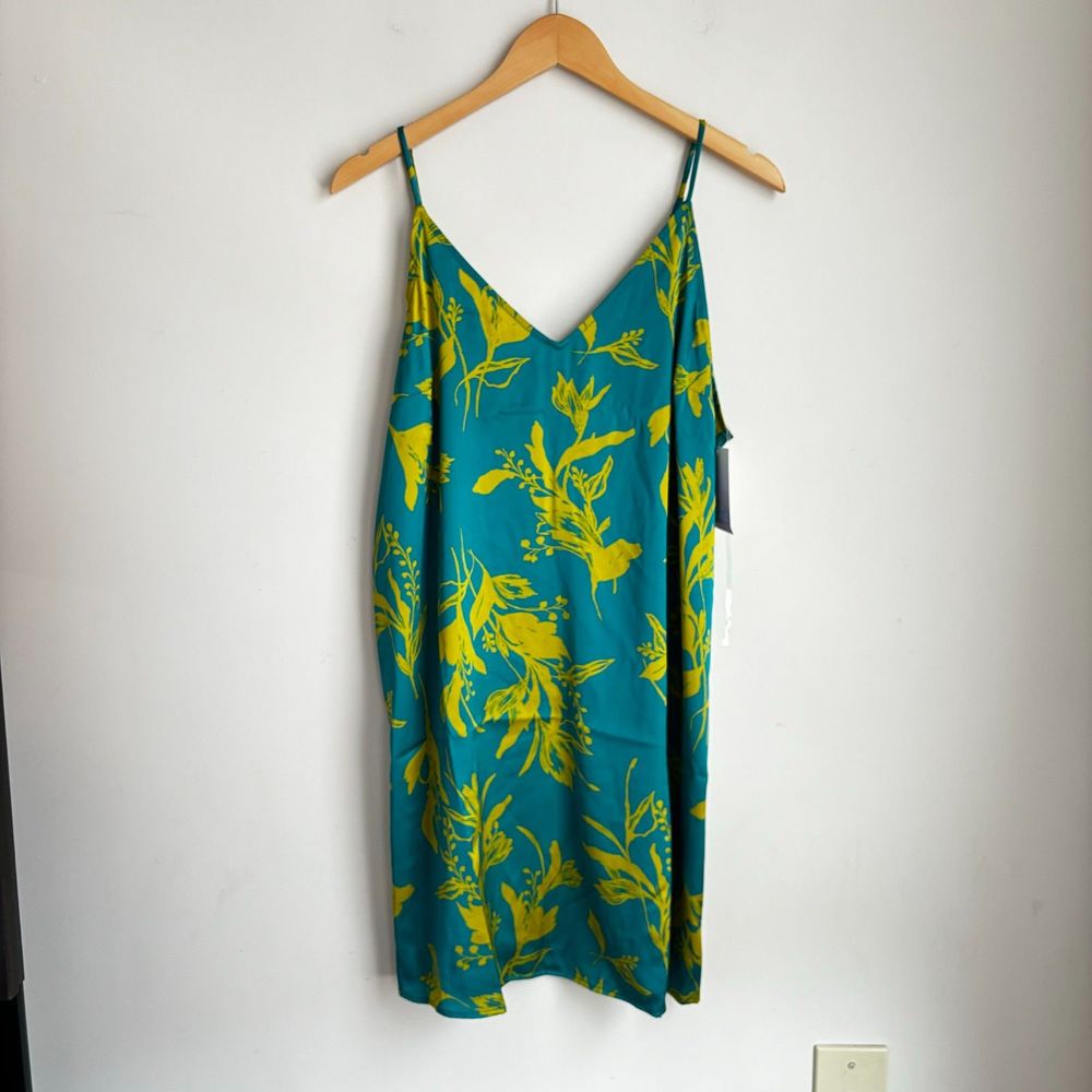 Stars Above Women Satin Floral Print Sleepwear Night Dress, Teal/Lime Large - Picture 3 of 11